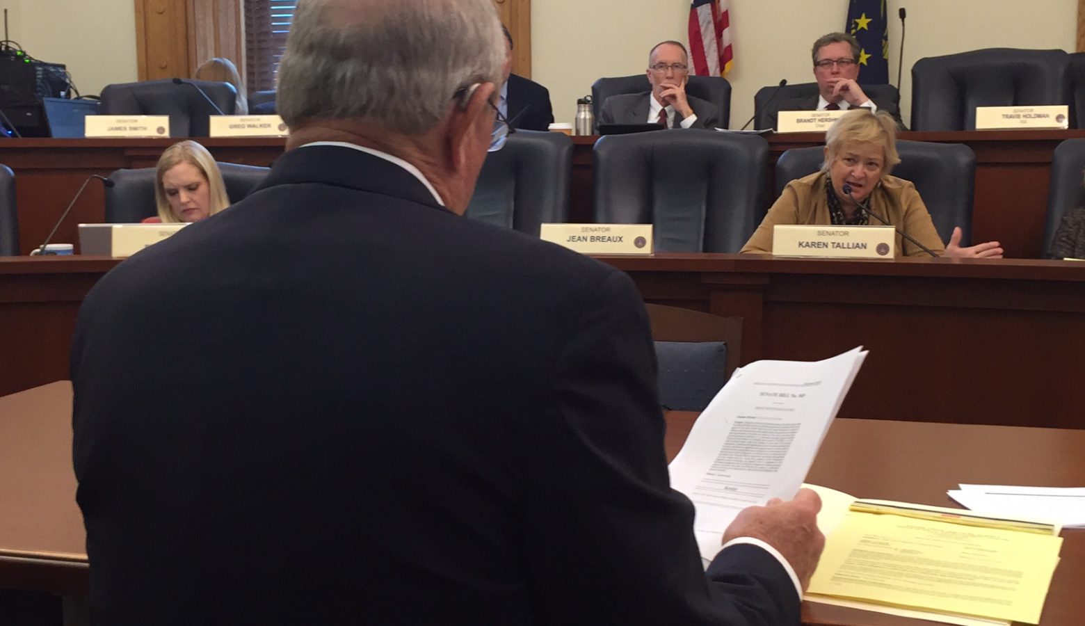 Sen. Luke Kenley (R-Noblesville), foreground, presents a bill to the Senate Tax and Fiscal Policy Committee. (Brandon Smith/IPB News)