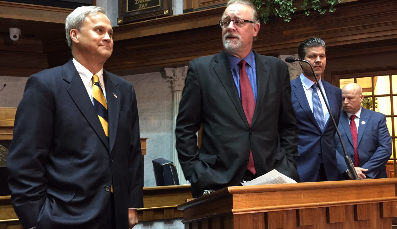 Senate Republican Leadership, led by Senate President Pro Tem David Long (R-Fort Wayne), center, discuss the caucus' 2017 priorities. (Brandon Smith/IPB News)