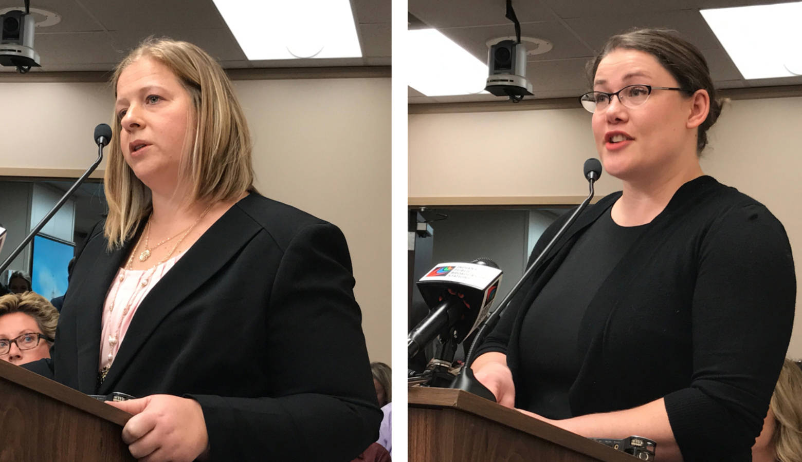 Indiana OB-GYNs Christina Francis (left) and Katherine McHugh (right) testify on a bill mandating providers tell patients that medication-induced abortions can be reversed. (Brandon Smith/IPB News)