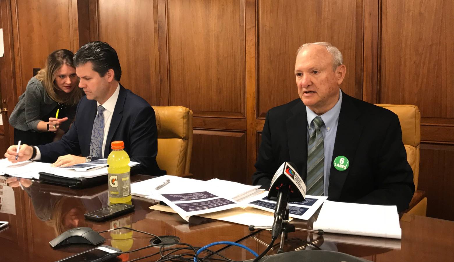 Sen. Ryan Mishler (R-Bremen) and Sen. Luke Kenley (R-Noblesville) talk about the 2017 budget during a briefing. (Brandon Smith/IPB News)