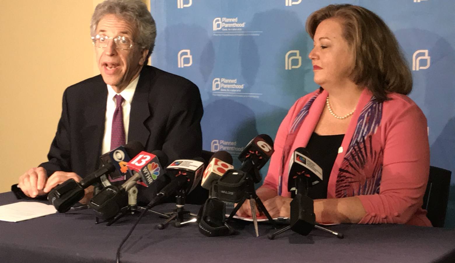 ACLU of Indiana Legal Director Ken Falk (left) and Planned Parenthood of Indiana and Kentucky CEO Christie Gillespie discuss their latest court victory. (Brandon Smith/IPB News)