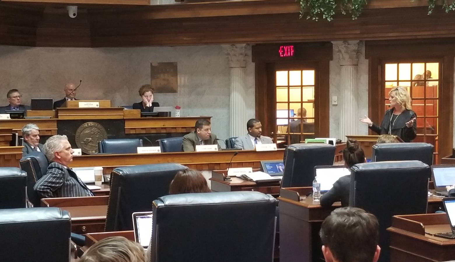 State Superintendent of Public Instruction, Jennifer McCormick, speaks to the Senate Education and Career Development Committee. (Jeanie Lindsay/IPB News)