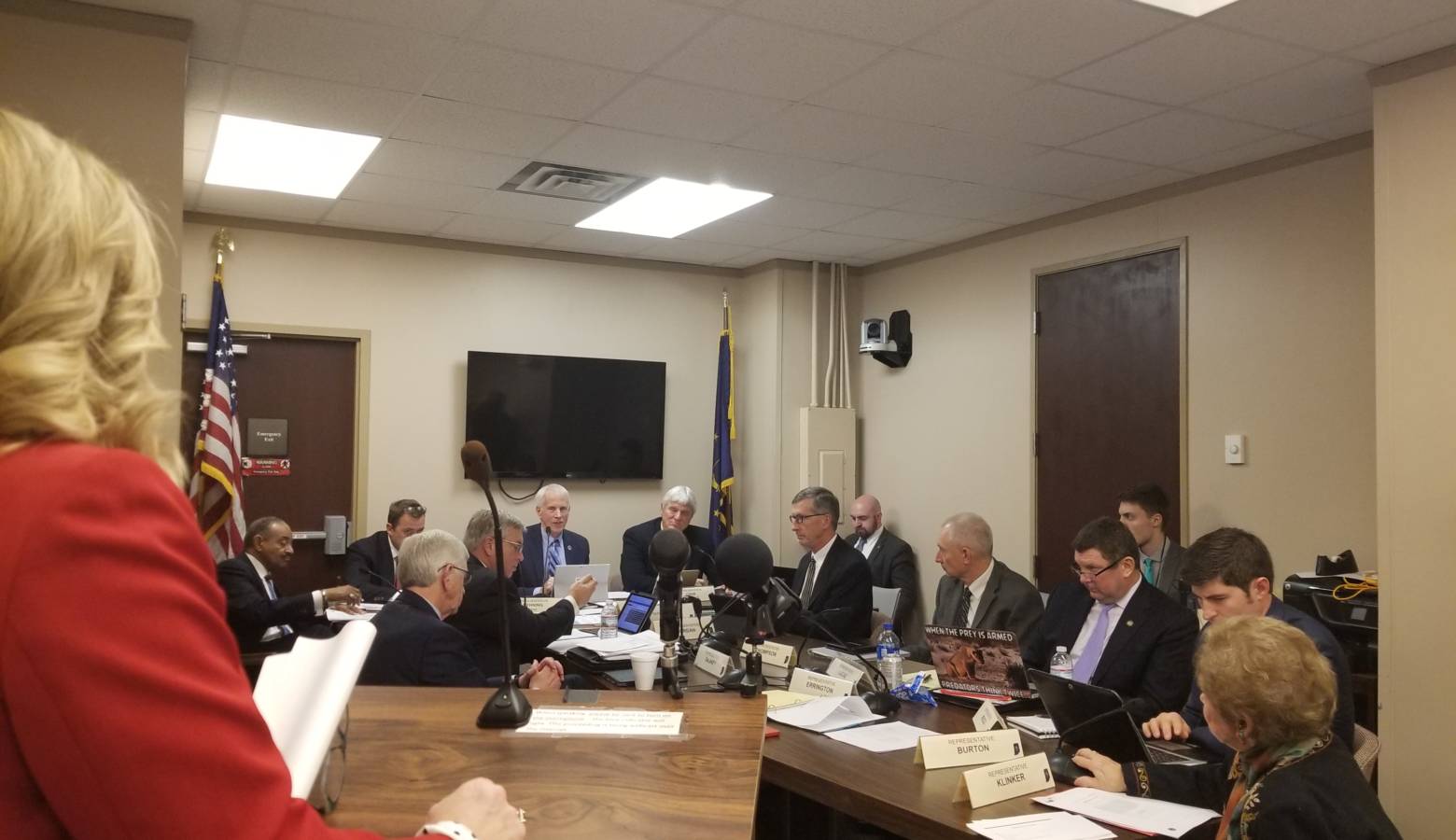 Rep. Wendy McNamara (R-Evansville) looks on as the House Education Committee votes on a bill she authored around cyberbullying and human trafficking. (Jeanie Lindsey/IPB News)