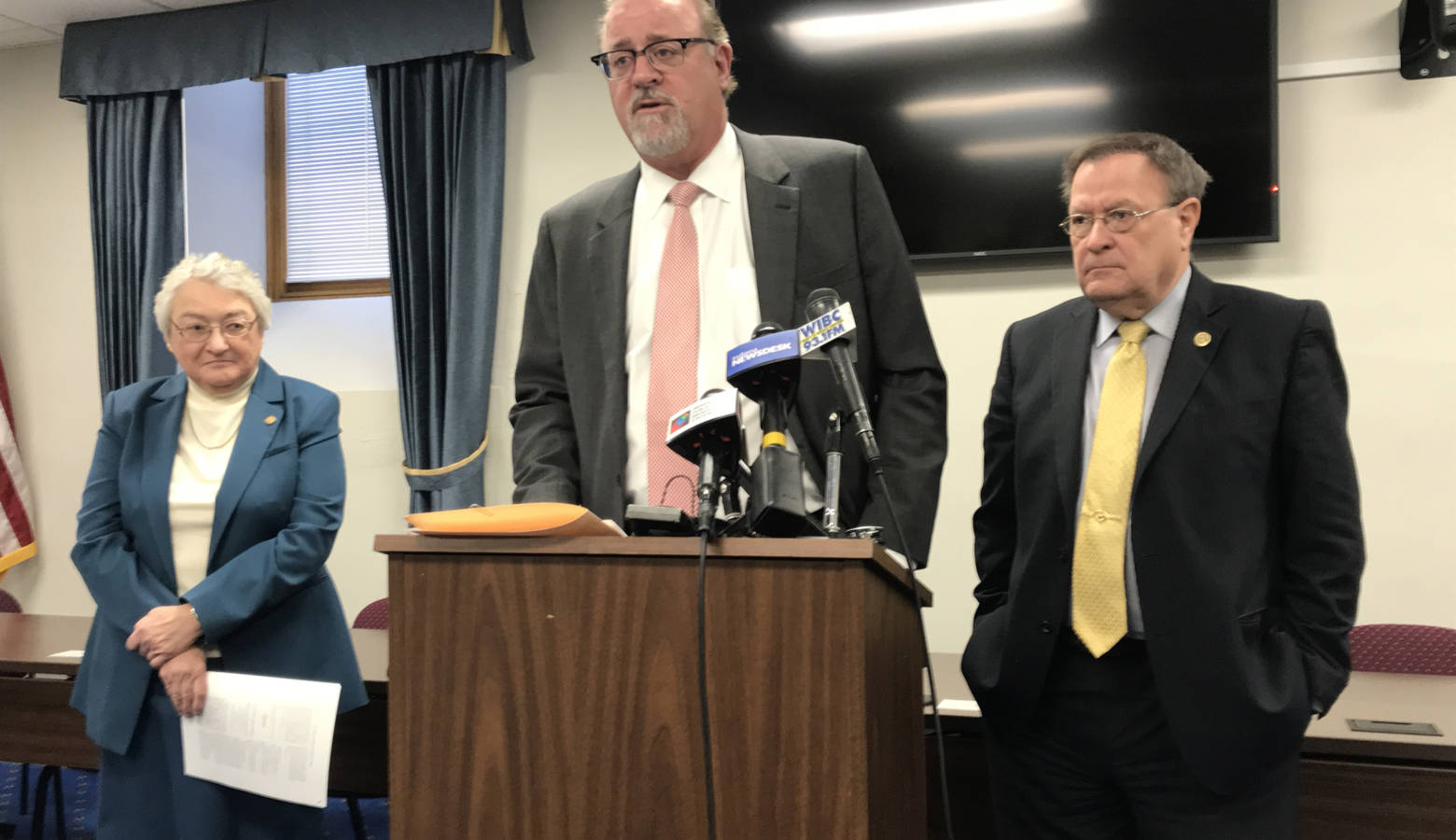 Senate Republican leaders discuss the hate crime bill's failure to advance in 2018. Those leaders, from L to R: Sen. Sue Glick (R-LaGrange), the bill's author, Senate President Pro Tem David Long (R-Fort Wayne), and Sen. Mike Young (R-Indianapolis), the committee chair. (Brandon Smith/IPB News)