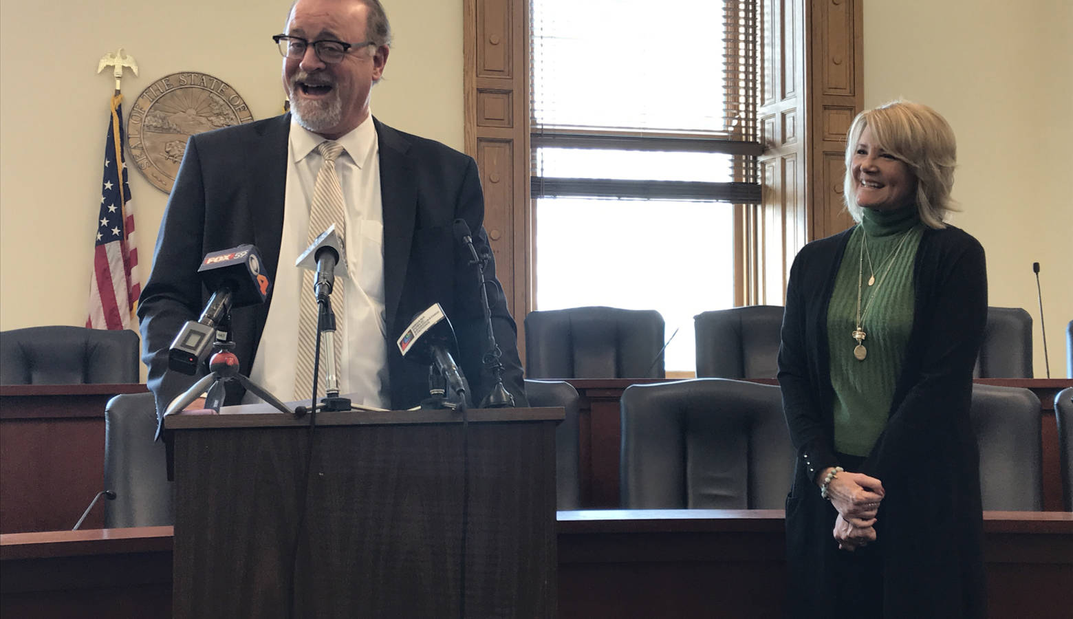 Sen. David Long (R-Fort Wayne) announces his retirement from the legislature with his wife Melissa alongside him. (Brandon Smith/IPB News)