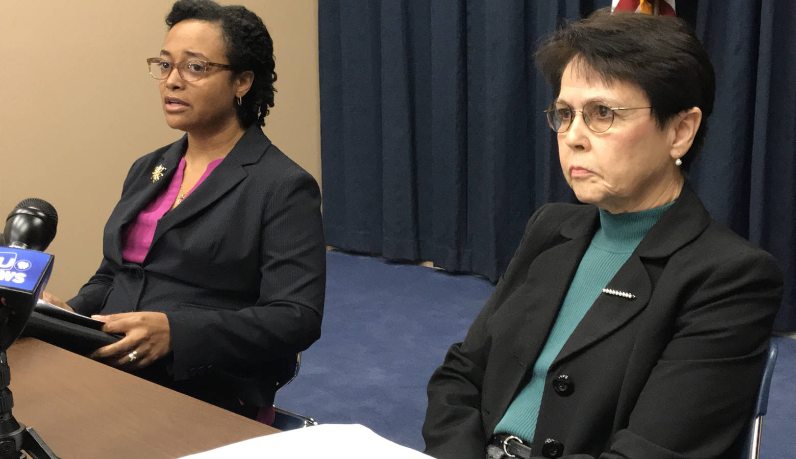 DCS Director Terry Stigdon, left, and independent consultant Sue Steib, right, discuss the first progress report of the agency evaluation. (Brandon Smith/IPB News)