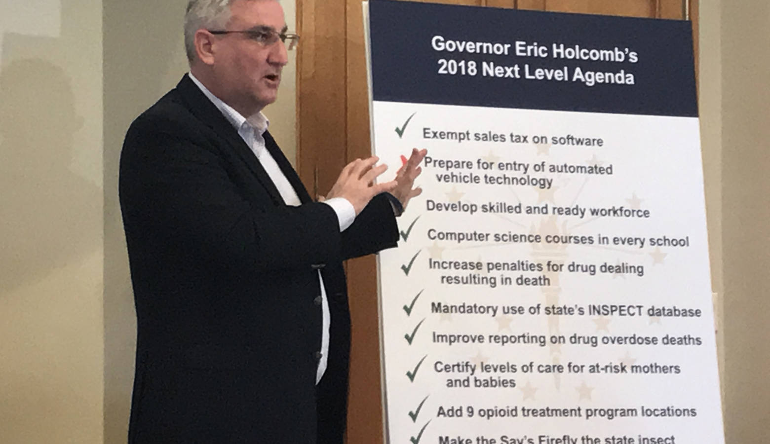 Gov. Eric Holcomb says he wants lawmakers to act on a few of the issues that died last week when legislators ran out of time. (Brandon Smith/IPB News)
