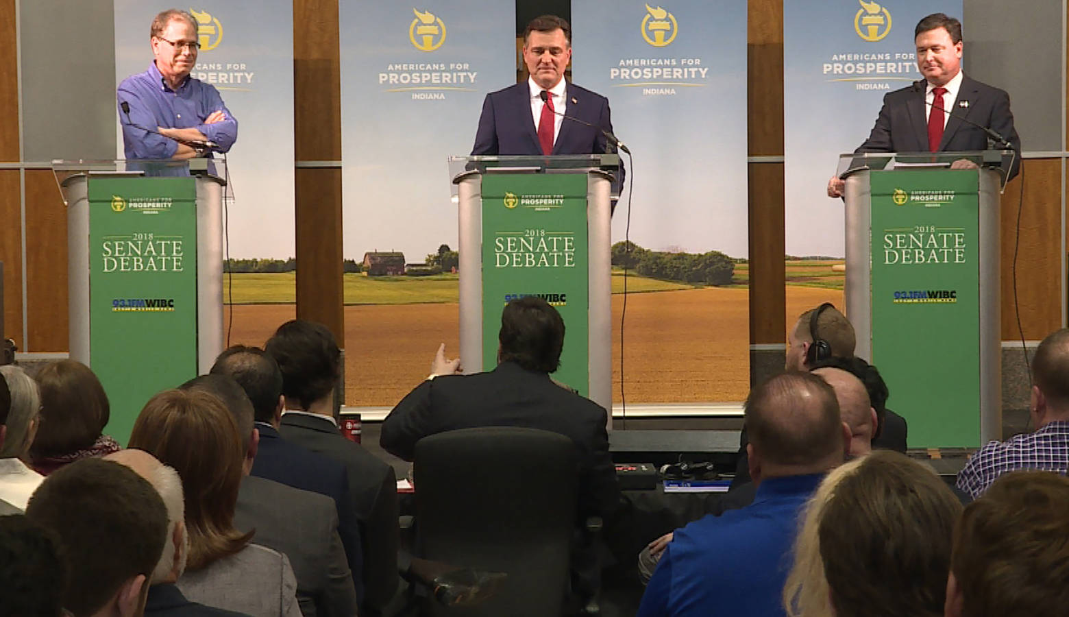 Republican U.S. Senate candidates – Congressmen Luke Messer and Todd Rokita, and businessman Mike Braun – went head-to-head the first time in February at an Americans For Prosperity debate. (Barbara Brosher/WTIU)