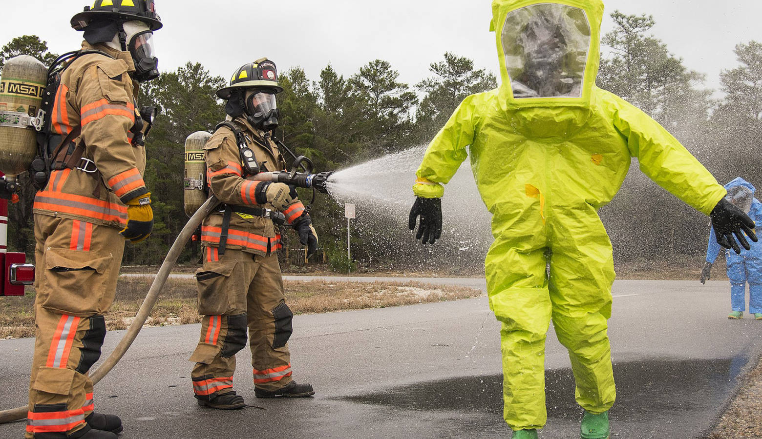 An U.S. Air Force team goes through a hazmat drill at Eglin Air Force Base in Florida.  (U.S. Air Force)