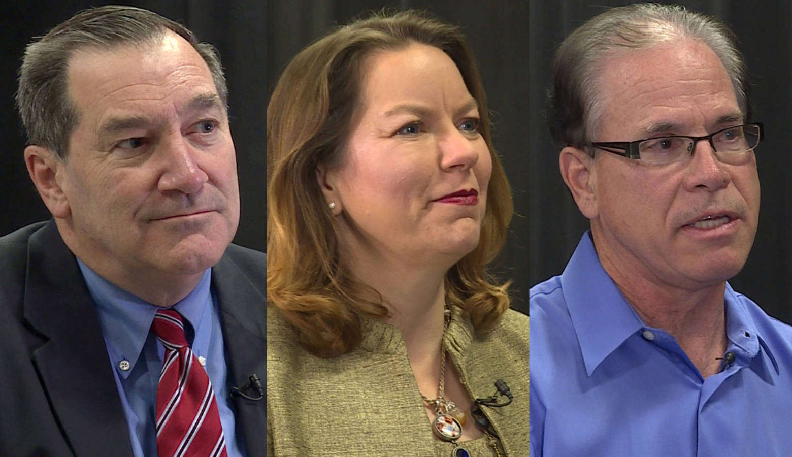 Indiana U.S. Senate candidates, from left: Sen. Joe Donnelly (D-Ind.), Libertarian Lucy Brenton, Republican Mike Braun. (WTIU)