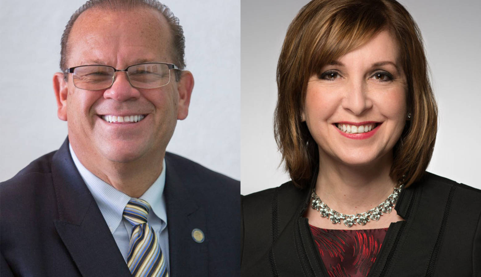 Democrat John Aguilera (left) and incumbent Republican Kelly Mitchell are running for Indiana's Treasurer of State. (Courtesy of Aguilera for Indiana, in.gov/tos)