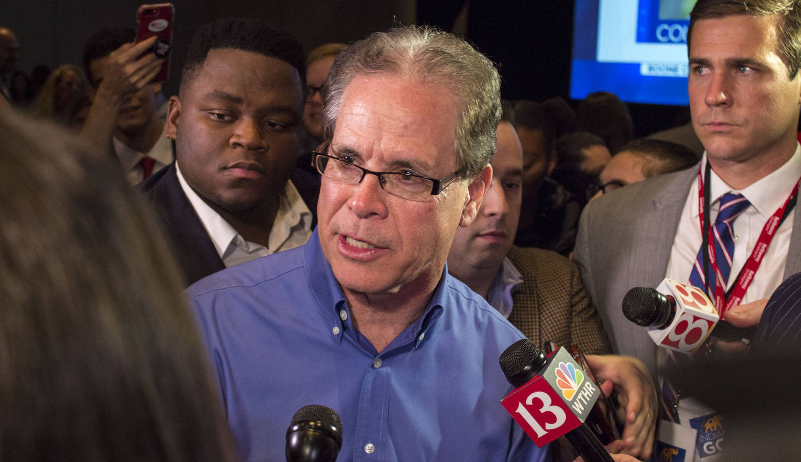 Mike Braun speaks to press after he was declared the winner of Indiana's U.S. Senate race. (Drew Daudelin/WFYI News)