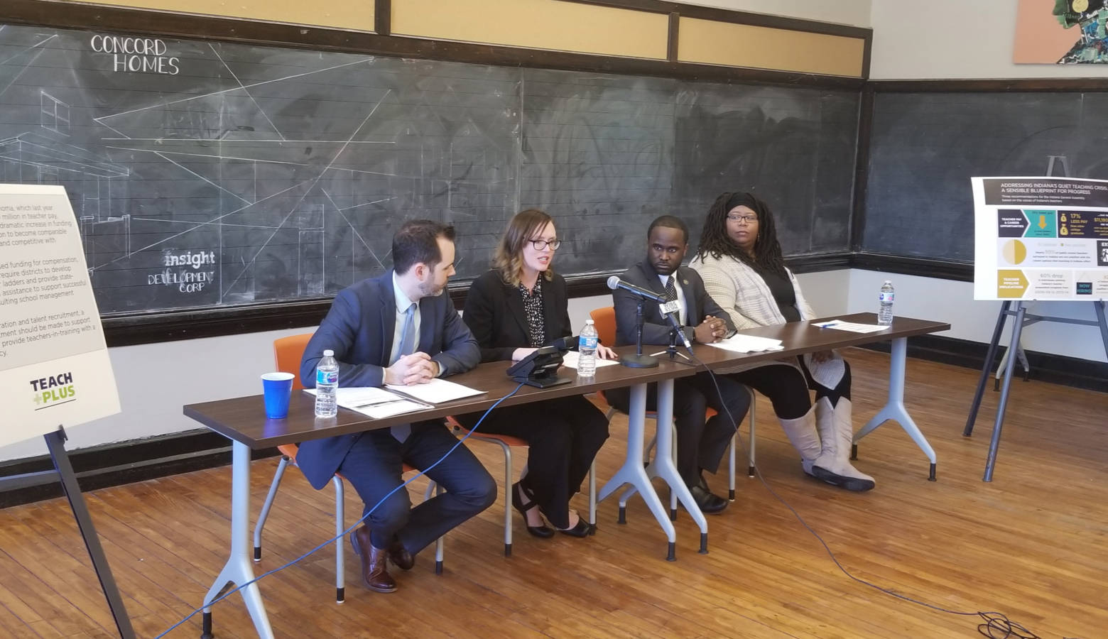 Stand for Children Executive Director Justin Ohlemiller, reading instructor Danica Park, Tindley Summit Academy principal David McGuire, and IPS parent LaToya Tahirou helped present the report. (Jeanie Lindsay/IPB News)