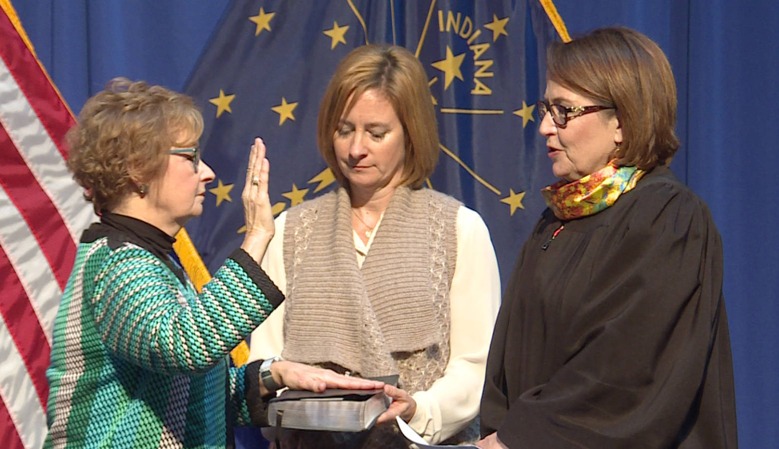 Chief Justice Loretta Rush swears in Secretary of State Connie Lawson. Lawson has served in the position since March 2012. (Lauren Chapman/IPB News)