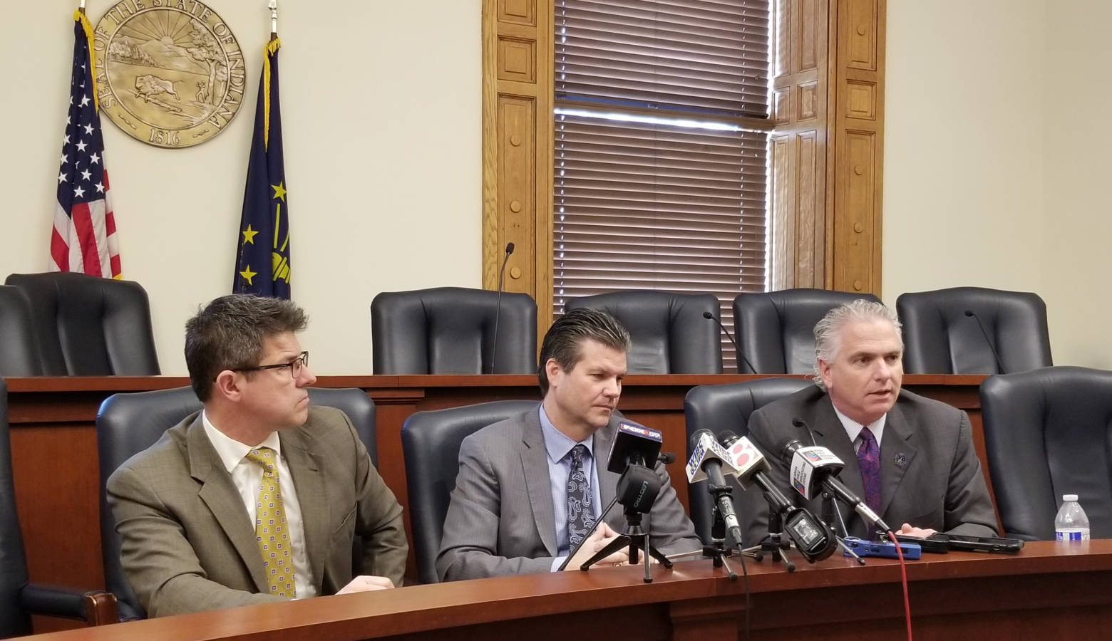 Sens. Rod Bray, Ryan Mishler and Eric Bassler announced the Senate GOP budget proposal Thursday. (Jeanie Lindsay/IPB News)