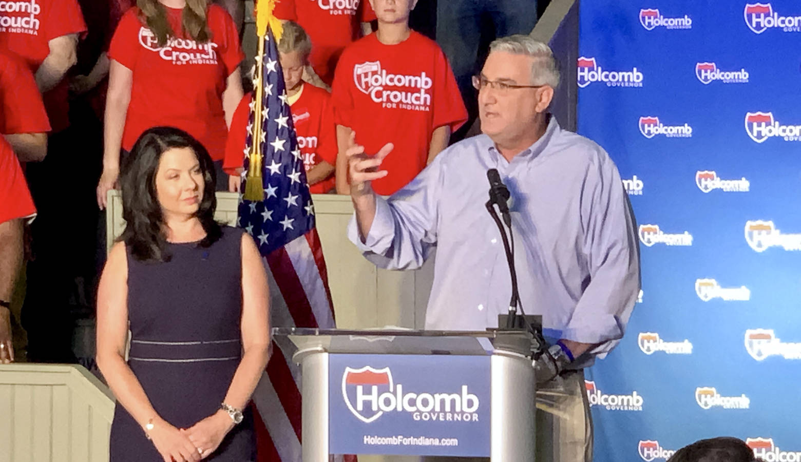 Gov. Eric Holcomb and his wife Janet at his re-election campaign launch. (Brandon Smith/IPB News)