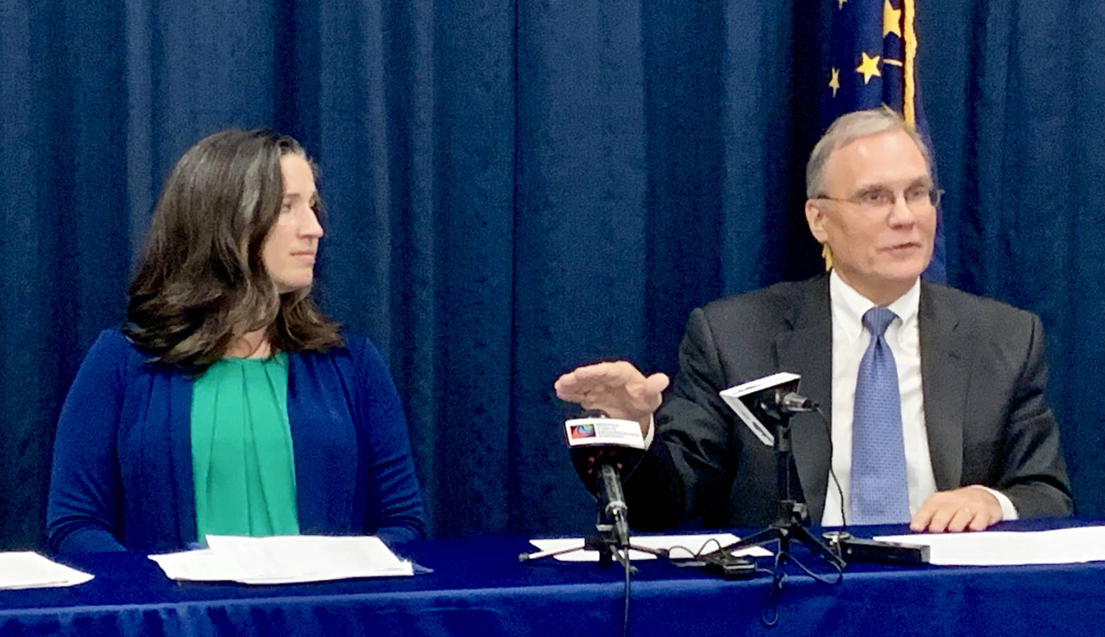 State Auditor Tera Klutz, left, and Office of Management and Budget Director Cris Johnston discuss the state's finances as the 2019 fiscal year ends. (Brandon Smith/IPB News)