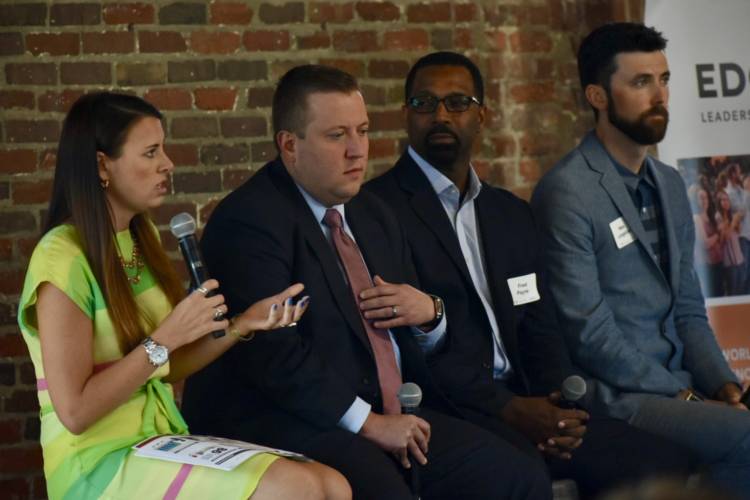 Panelists including Indiana Career Connections and Talent Secretary Blair Milo and Department of Workforce Development Commissioner Fred Payne spoke about "brain gain" efforts in Indiana. (Justin Hicks/IPB News)