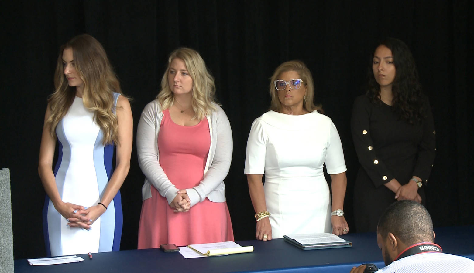 From left, Niki DaSilva, Gabrielle McLemore, Rep. Mara Candelaria Reardon (D-Munster) and Samantha Lozano at a press conference in June. (Brandon Smith/IPB News)