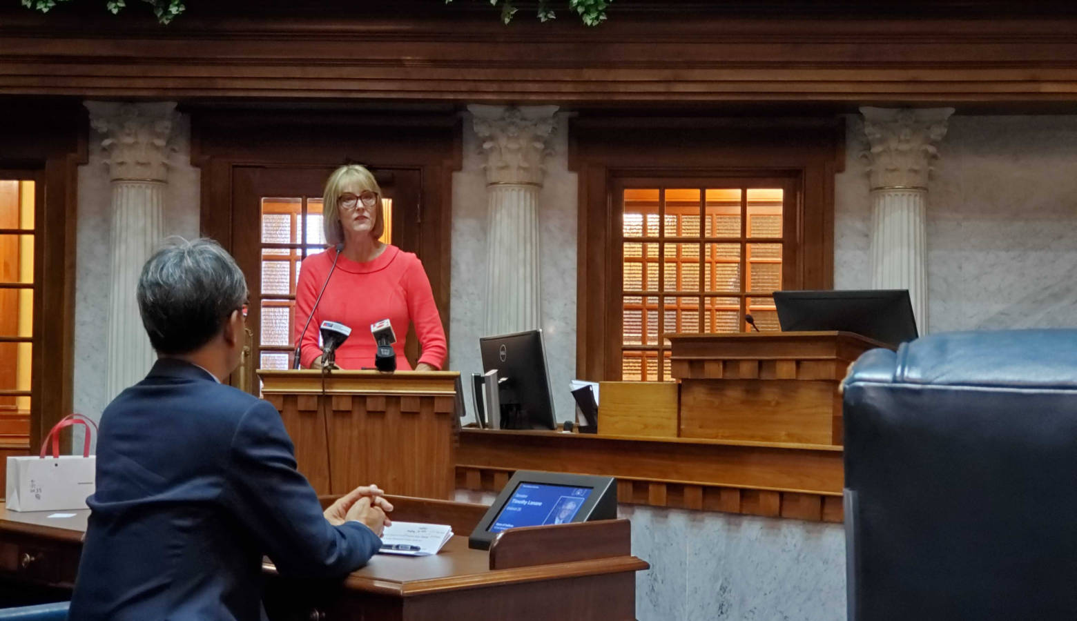 Lt. Gov. Suzanne Crouch addresses Taiwanese and Indiana officials following signing the two agreements. (Samantha Horton/IPB News)