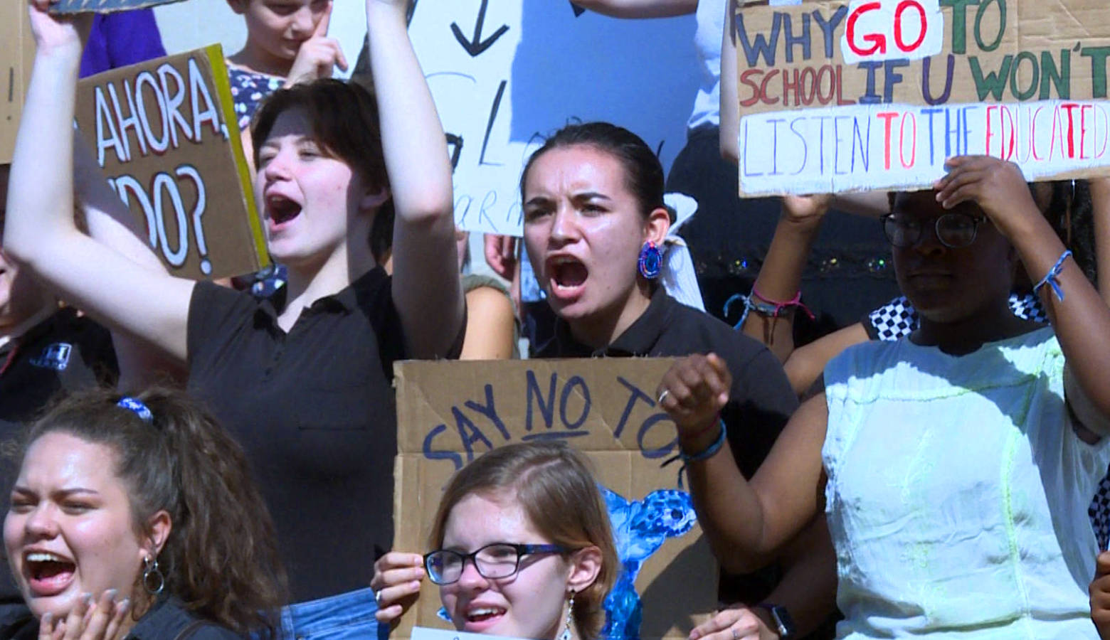 Young people chanted loudly on the Statehouse steps demanding climate justice. (Rebecca Thiele/IPB News)