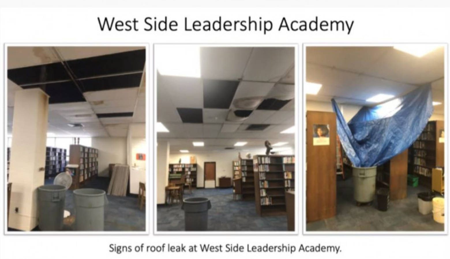 Photo of a leaking roof inside the Westside Leadership Academy in Gary displayed Wednesday, Oct. 2, 2019, at the State Board of Education meeting.