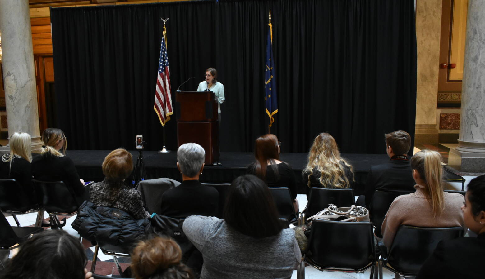 Rep. Chris Campbell (D-West Lafayette) addresses women at the Statehouse rally. (Justin Hicks /IPB News)