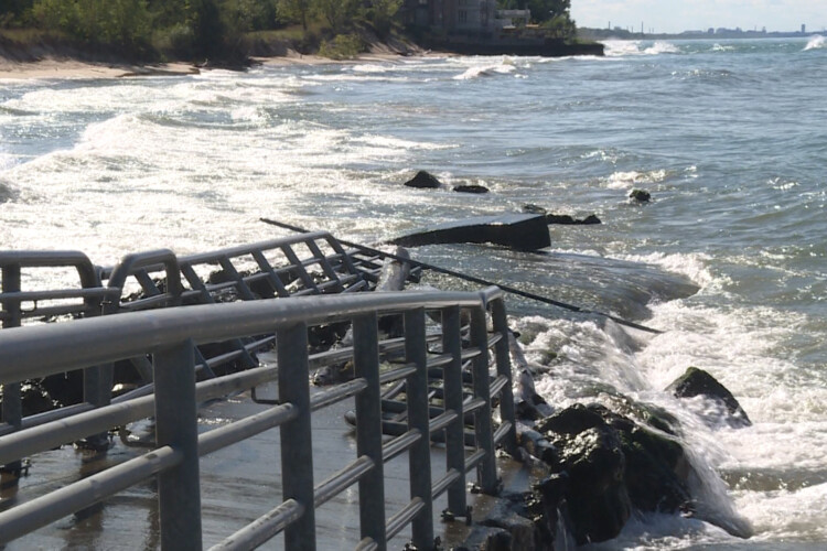 This ramp to help people with disabilities access the beach near Portage Lakefront & Riverwalk has crumbled under the eroding waves (Tyler Lake/WTIU)