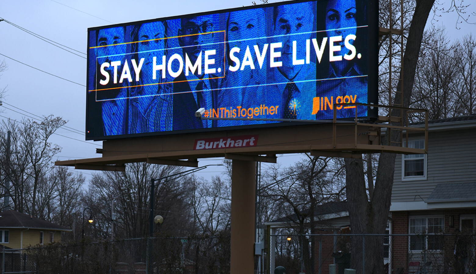 An electronic billboard in South Bend reads "Stay Home. Save Lives" as part of the state's INThisTogether campaign. (Justin Hicks/IPB News)