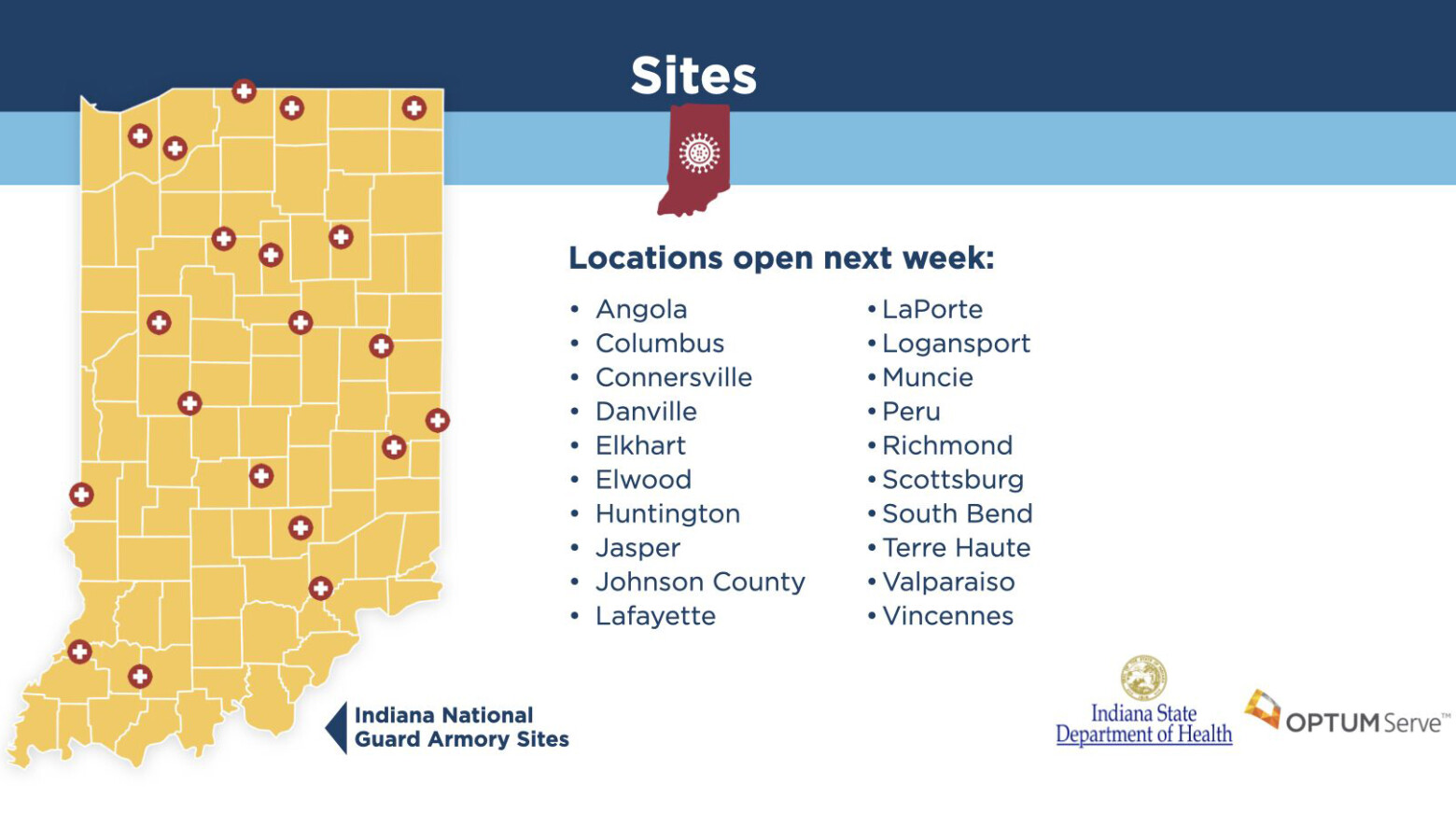 OptumServe Health Services will set up 20 COVID-19 testing sites around the state within the next week, with 50 total sites within two weeks. (Map provided by Governor Holcomb's office)