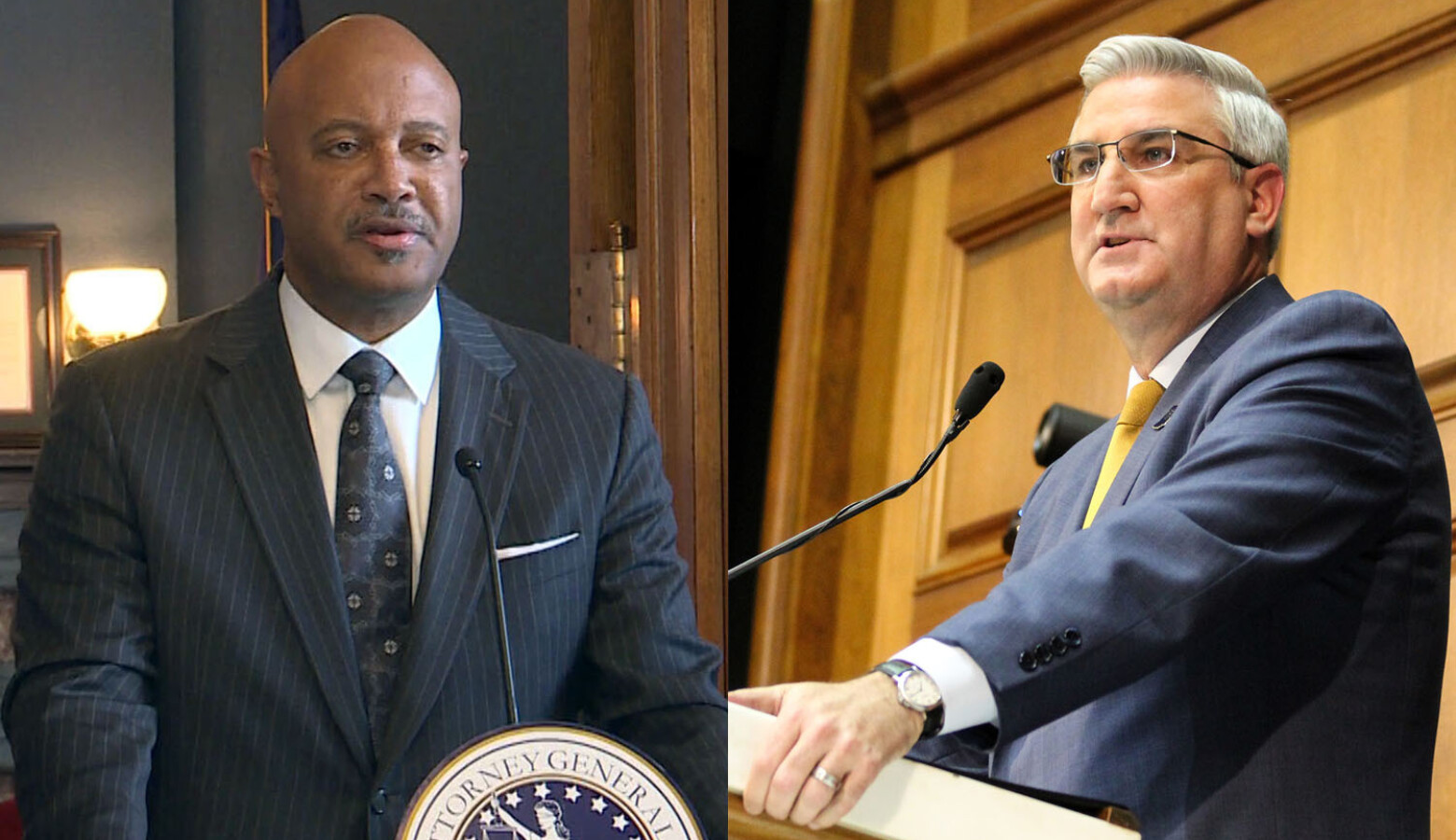 Attorney General Curtis Hill, left, and Gov. Eric Holcomb. (Lauren Chapman/IPB News)