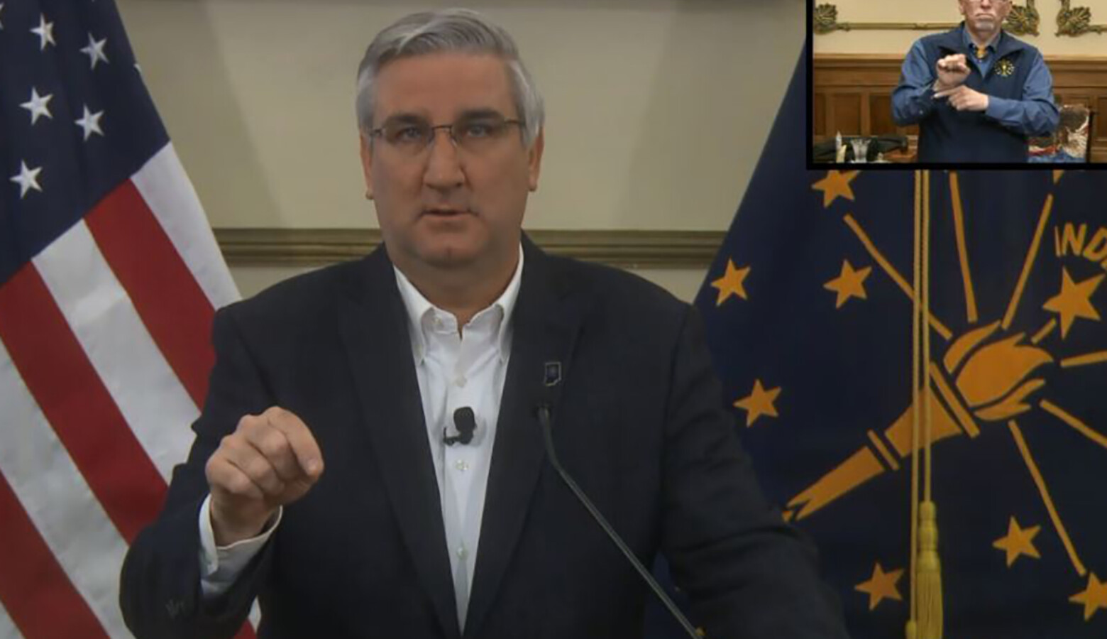 Gov. Eric Holcomb says as he’s reopening the state, he knows there will be an increase in COVID-19 cases, but Hoosiers couldn’t wait for a vaccine to reopen. (Screenshot of Zoom call)