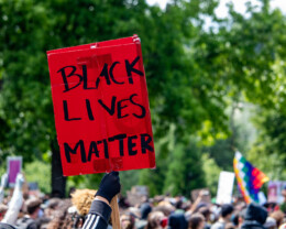 A black-on-red Black Lives Matter sign is held up by a member of a crowd. Only the tops of the heads of the crowd are visible with green trees taking up most of the background.