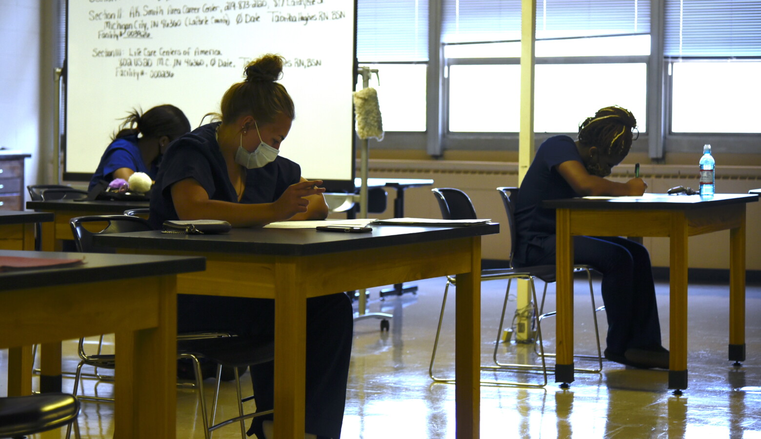 Nursing students at A.K. Smith Career Center in Michigan City take a review on the first day of the summer bridge program. (Justin Hicks / IPB News)