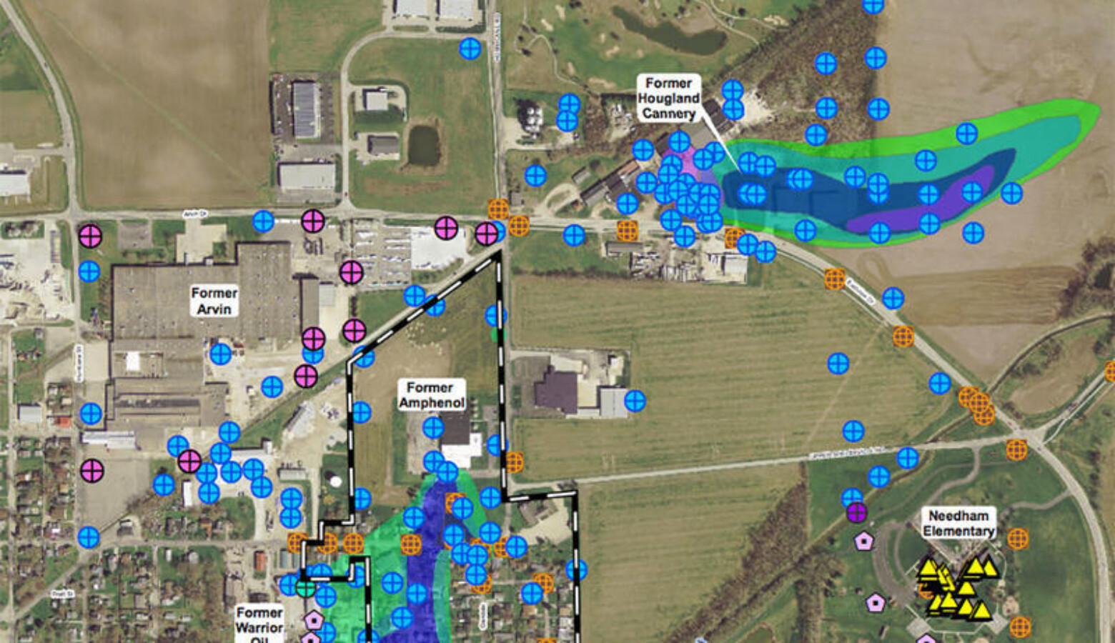 This map shows part of two plumes of contamination in the groundwater in Franklin — one near the Amphenol site and one near the old Hougland Tomato Cannery. (Courtesy of the Indiana Department of Environmental Management)