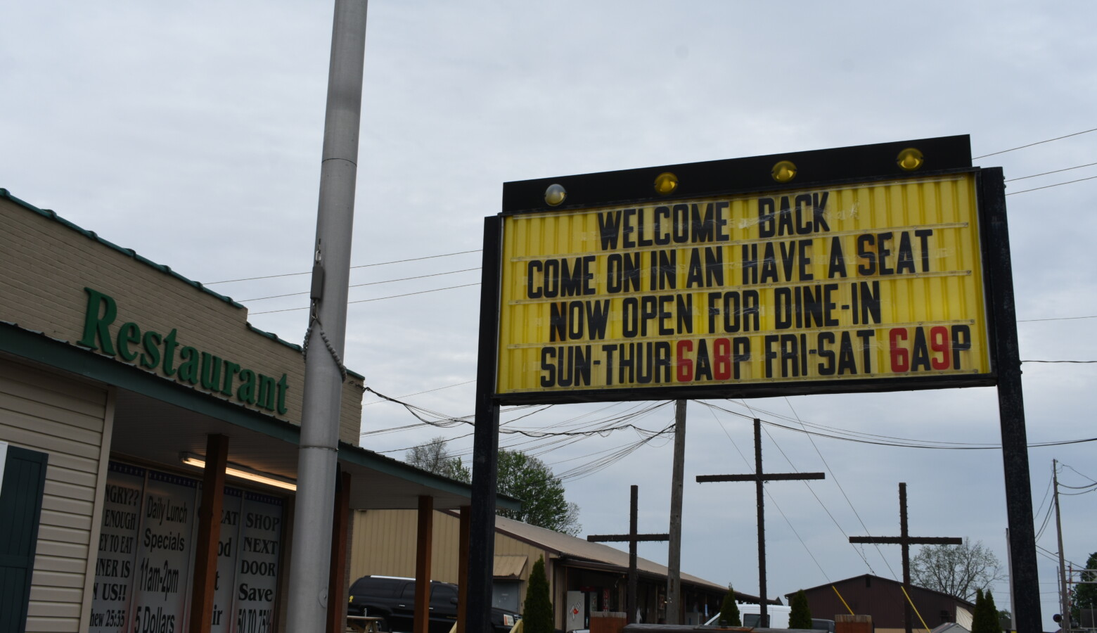 A sign outside the Liberty Bell Restaurant in Liberty, Indiana welcomes customers back after closing briefly in accordance with Indiana's COVID-19 regulations. (Justin Hicks / IPB News)