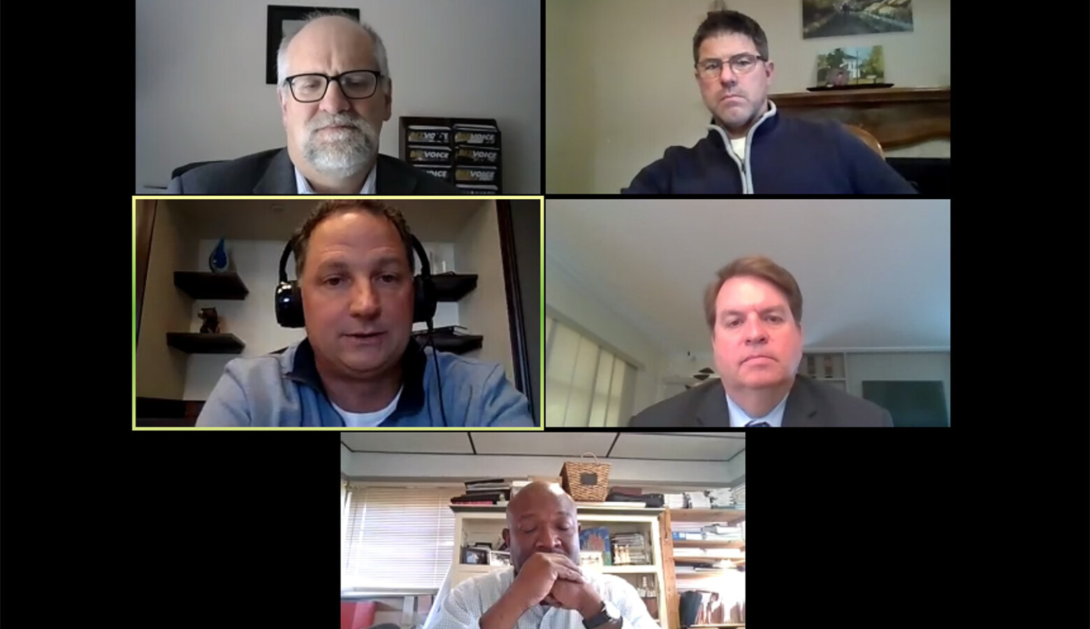 The four legislative caucus leaders, (starting from top right, going clockwise) Sen. Rodric Bray (R-Martinsville), Rep. Phil GiaQuinta (D-Fort Wayne), Sen. Greg Taylor (D-Indianapolis) and Speaker Todd Huston (R-Fishers) discuss the upcoming session with