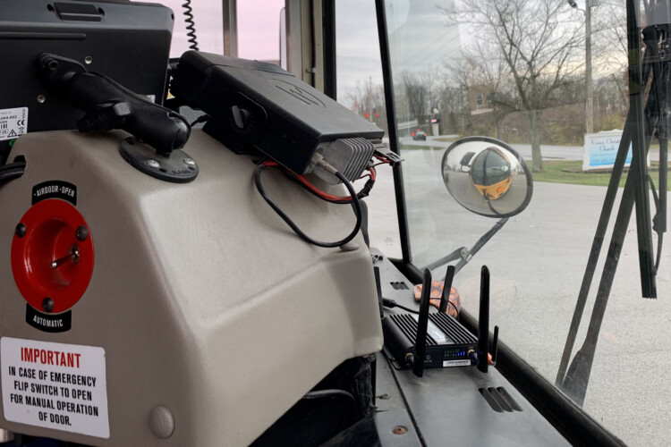 The small Wi-Fi router is placed in the front window of the buses can cover the distance of an average-sized parking lot to provide students and families short-term internet access. (Photo provided by Vigo County School Corporation)