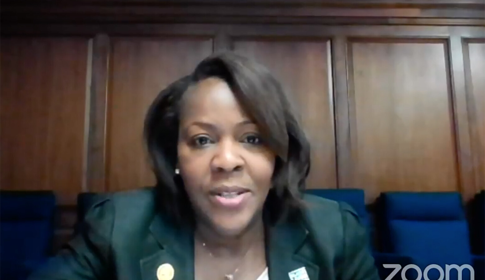 Indiana Black Legislative Caucus Chair Robin Shackleford (D-Indianapolis) discusses the caucus's justice reform agenda. (Screenshot of Zoom call)