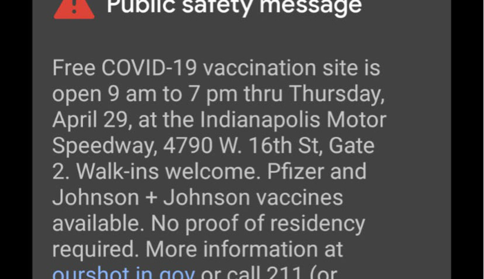 The Indiana Department of Health said it saw an increase in COVID-19 vaccination walk-ins at the mass clinic in Gary after using a public alert. (Screenshot of public alert)