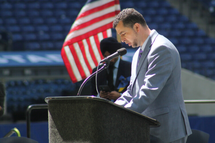Sen. Fady Qaddoura (D-Indianapolis) spoke at the memorial on Saturday, May 1, calling directly for gun reform and investment in mental health. (Lauren Chapman/IPB News)