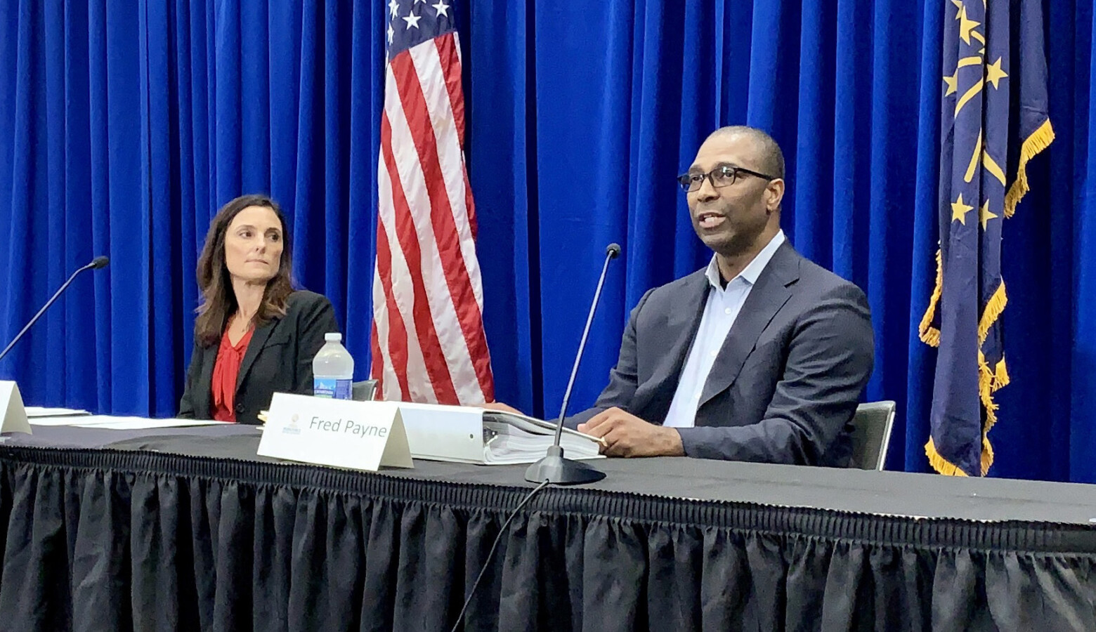 Fred Payne and Gina Ashley from the Indiana Department of Workforce Development held a news conference Friday. (Brandon Smith/IPB News)