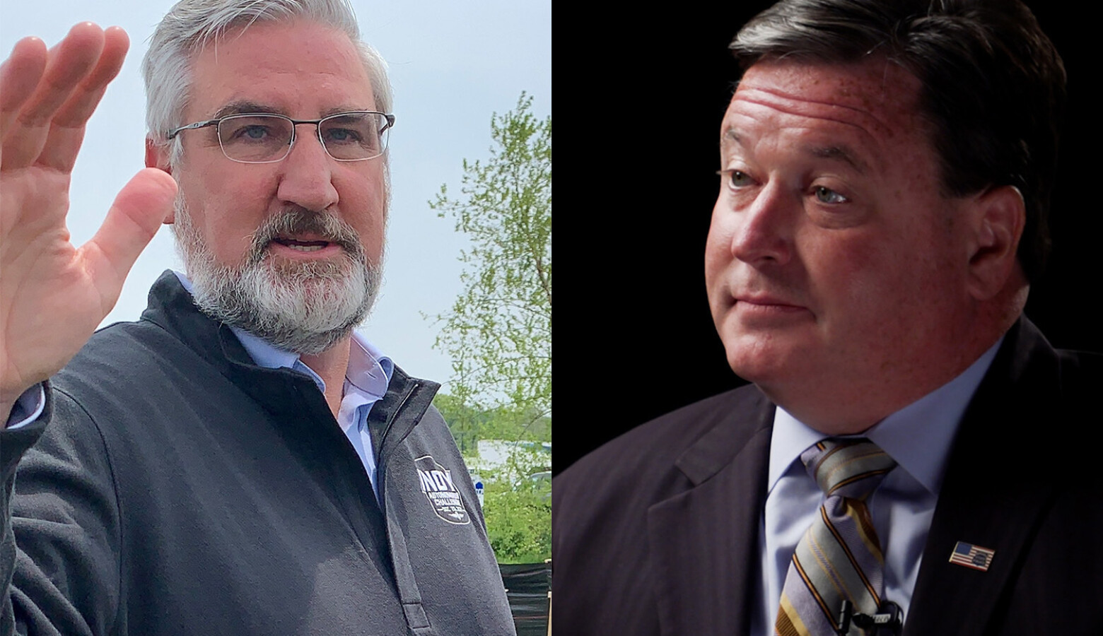 Gov. Eric Holcomb, left, secured an initial victory in the ongoing court battle between Holcomb, Attorney General Todd Rokita, right, and the Indiana General Assembly. (Brandon Smith and Alan Mbathi/IPB News)