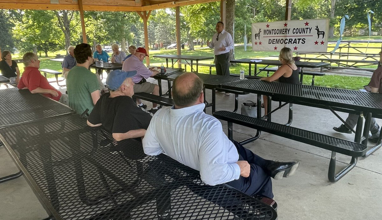 Democrats made more than two dozen stops statewide to tout the American Rescue Plan, including this event in Montgomery County. (@AndersonDrew/Twitter)