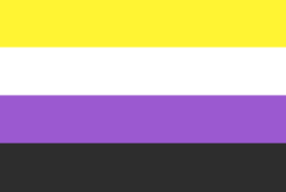 The Non-binary flag consists of four equally tall horizontal color stripes that are, from top to bottom, yellow, white, purple, and black.