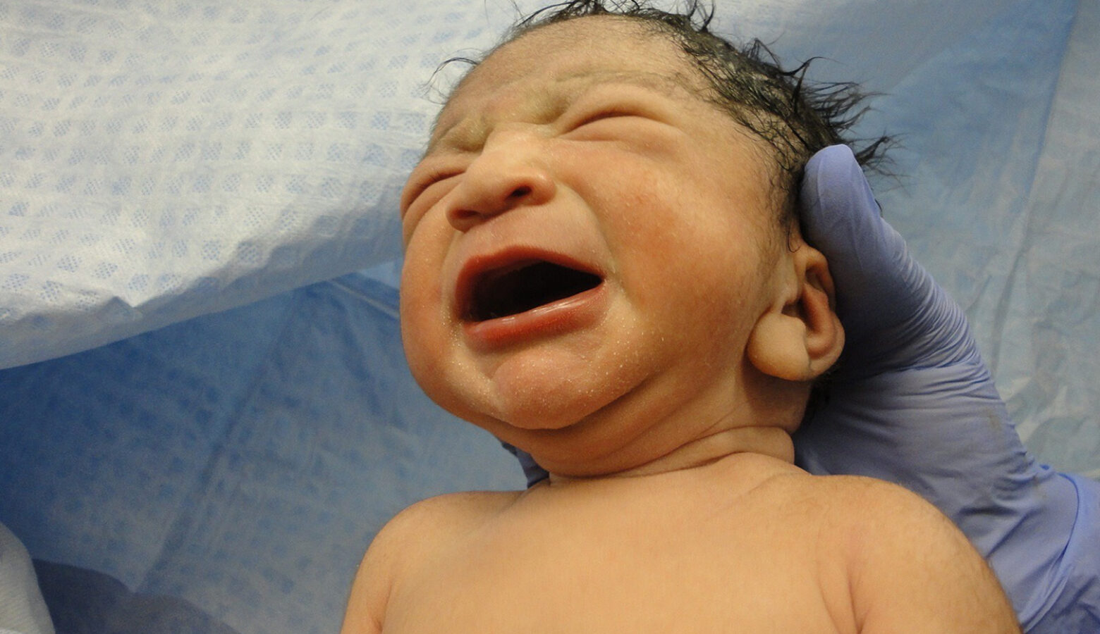 A newborn is held by gloved hands in a hospital. Behind it, only paper cloth is visible.