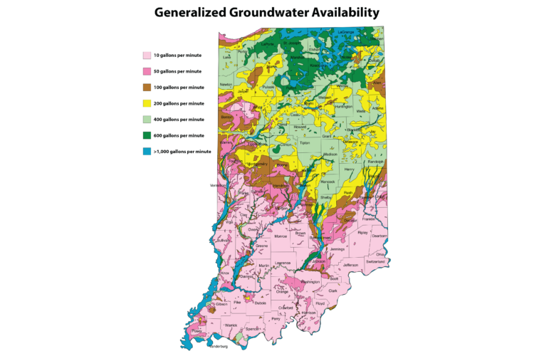 A map highlights the state in swaths of pink, graphic, brown, yellow, green and blue. The pink areas highlight the areas where the flow of groundwater is less than 50 gallons per minute. The green parts highlight where the flow of groundwater is more than 400 gallons per minute.