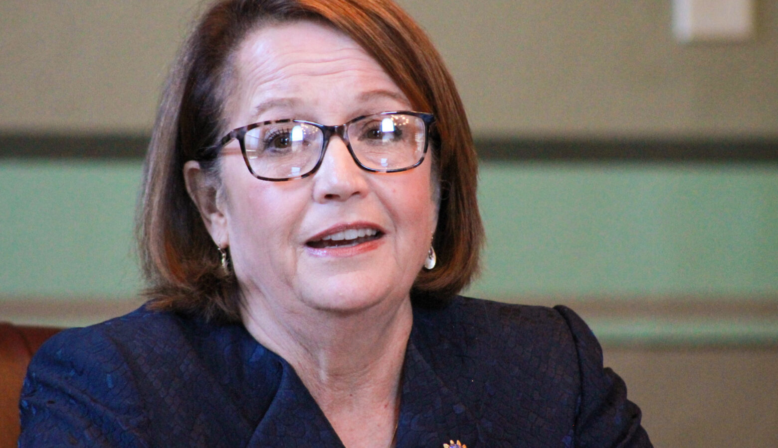 Loretta Rush speaks while sitting at a table. Rush is a White woman with brunette hair. She is wearing glasses and a blue jacket.