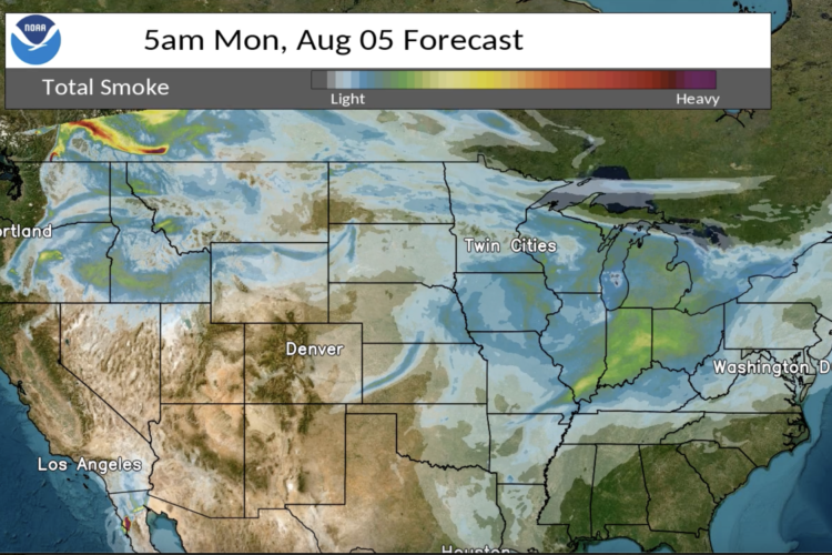 NOAA's map displays most of the United States with color-coded swirls showing the smoke as it moves through the U.S. Red and yellow portions are highlighted north of Washington state. And Illinois, Indiana and Ohio have portions coded in green and faint yellow showing moderately light smoke throughout the region.