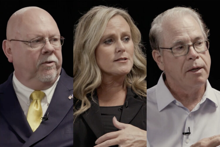 Screenshots from videos of Indiana's three gubernatorial candidates. Donald Rainwater is a White man, bald with a white goatee. He is wearing glasses and a suit and tie. Jennifer McCormick is a White woman with blonde hair. She is wearing a black jacket over a black top. Mike Braun is a White man with white and gray hair. He is wearing glasses and a button-down shirt.